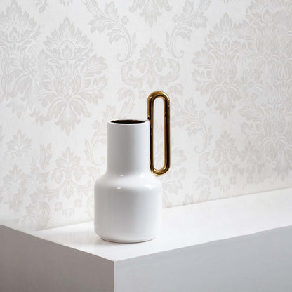 White ceramic vase with glossy finish and gold handle displayed on a clean white background ideal for minimal modern home styling.