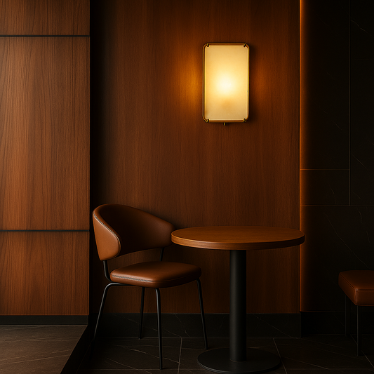 Modern alabaster and metal wall lamp designed for stylish ambient lighting perfect for hallways bedrooms or luxury living room decor.