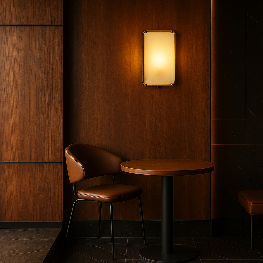 Modern alabaster and metal wall lamp designed for stylish ambient lighting perfect for hallways bedrooms or luxury living room decor.