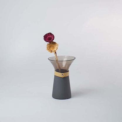 Smoky grey glass vase with wide mouth styled with dried flowers adding elegance to modern lifestyle home decor.