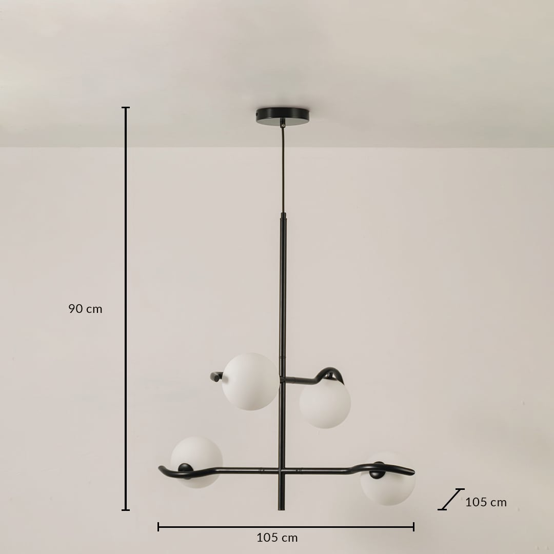 Black metal chandelier with white globes shown with 105 cm width 105 cm depth and 90 cm height for modern ceiling lighting.