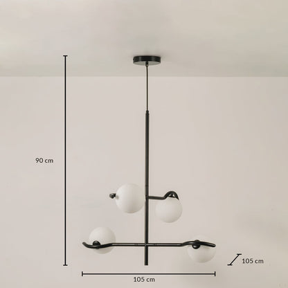 Black metal chandelier with white globes shown with 105 cm width 105 cm depth and 90 cm height for modern ceiling lighting.