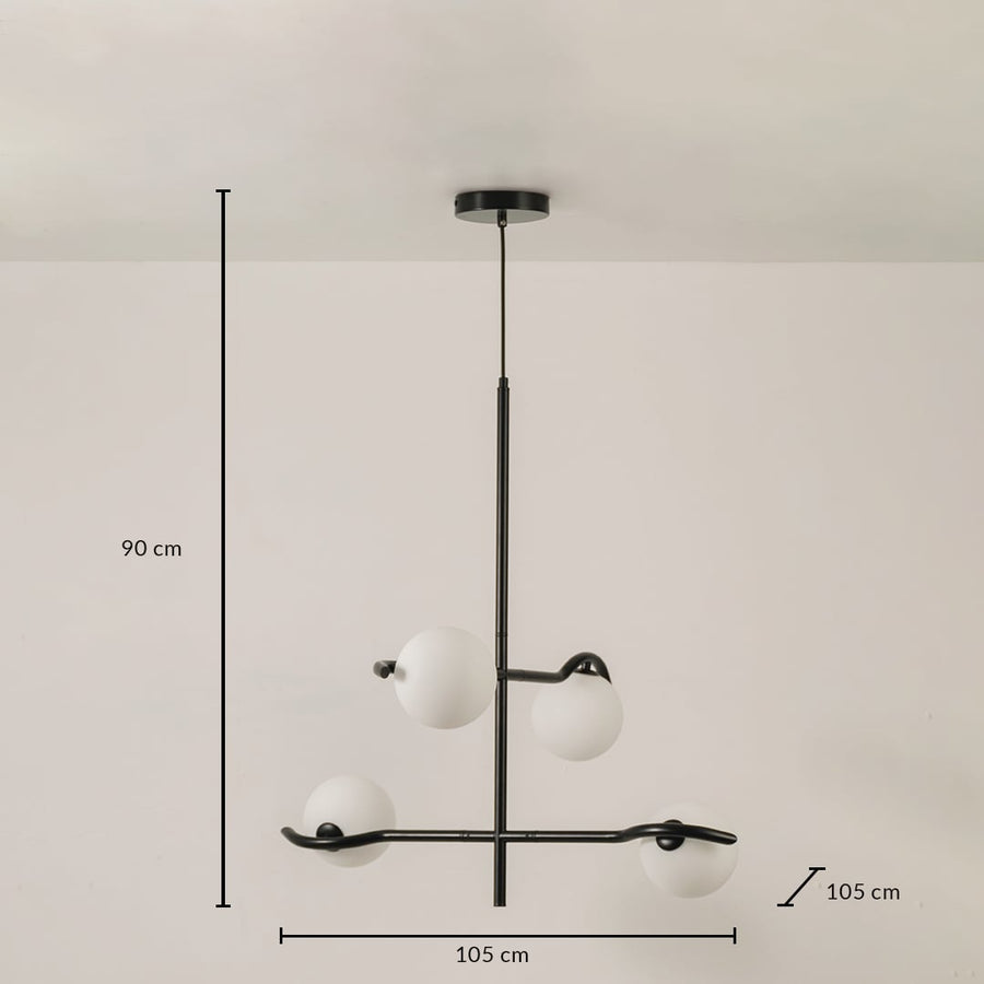 Black metal chandelier with white globes shown with 105 cm width 105 cm depth and 90 cm height for modern ceiling lighting.