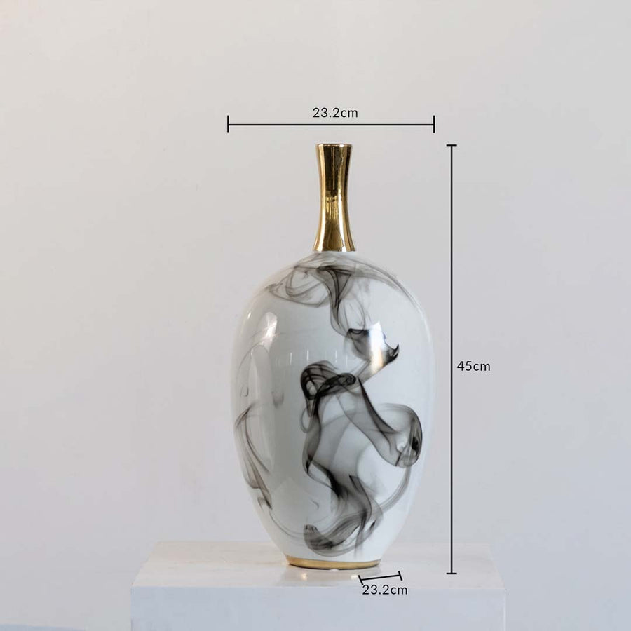 White ceramic jar with grey equestrian artwork shown in a closeup view showing soft handpainted lines elegant texture and modern equestrian décor perfect for minimal luxury styling.