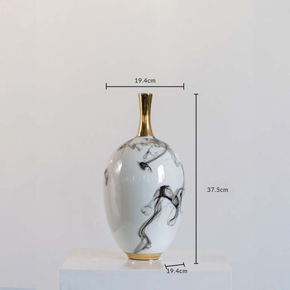 White ceramic decorative vase with grey marble pattern showing product dimensions for elegant modern home decor displays.