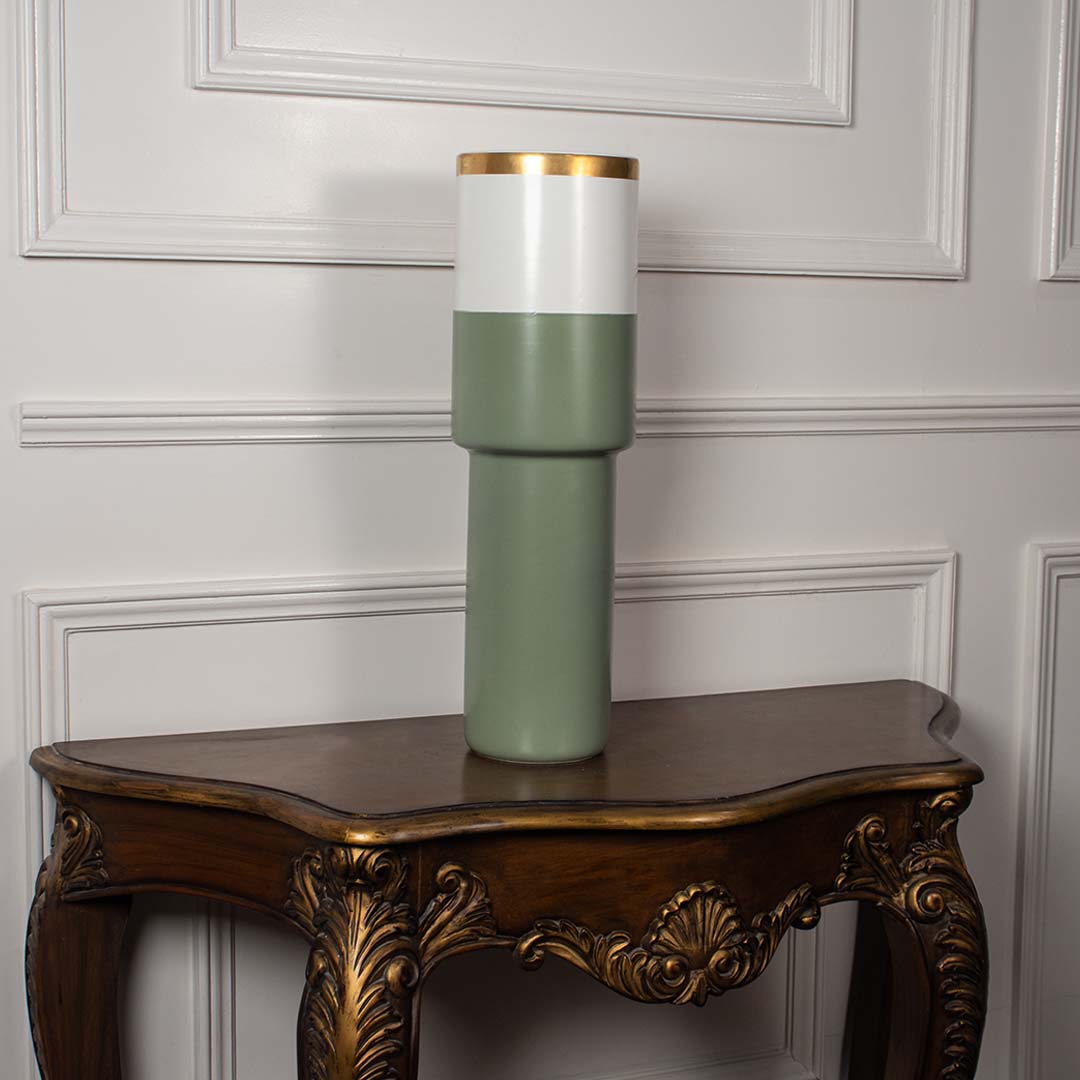Sage green ceramic vase with white band and gold rim displayed on a clean white background ideal for minimal modern home styling.