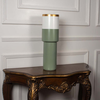 Sage green ceramic vase with white band and gold rim displayed on a clean white background ideal for minimal modern home styling.
