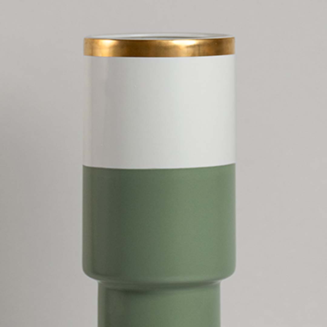 Closeup of sage green ceramic vase highlighting its smooth finish white band and gold rim ideal for elegant contemporary decor.