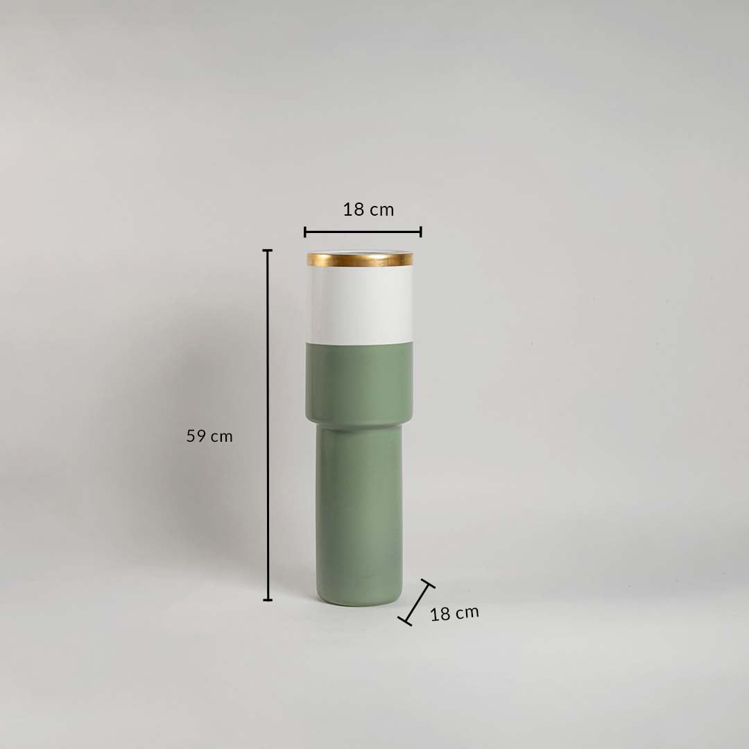 Sage green ceramic vase with 59 cm height and 18 cm width shown clearly for accurate decor size reference and interior planning.