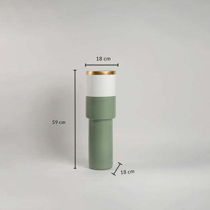 Sage green ceramic vase with 59 cm height and 18 cm width shown clearly for accurate decor size reference and interior planning.