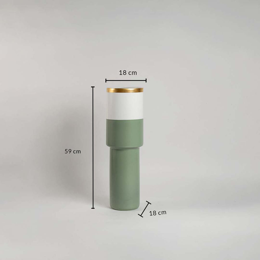 Sage green ceramic vase with 59 cm height and 18 cm width shown clearly for accurate decor size reference and interior planning.