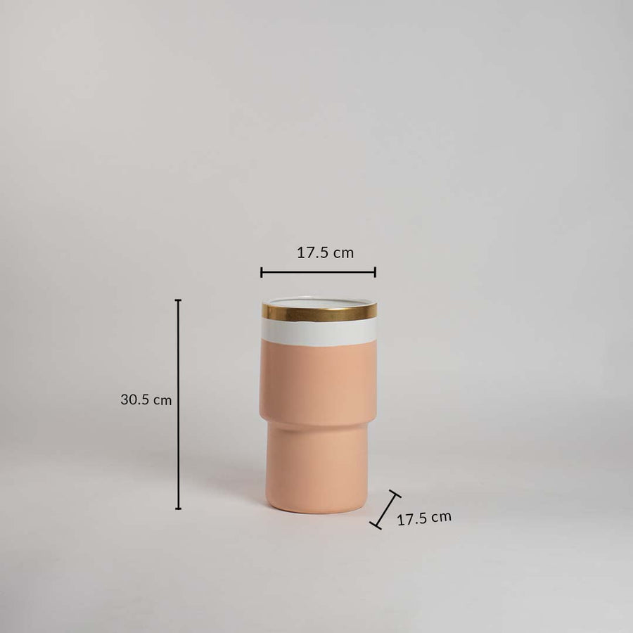 Peach ceramic vase with gold rim and 30.5 cm height and 17.5 cm width shown clearly for accurate home decor size reference.