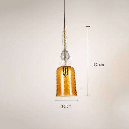 Designer gold glass pendant light showing 52 cm height and 16 cm width ideal for dining room or hallway decor.
