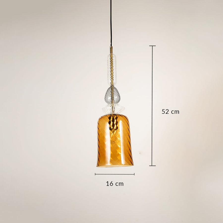 Designer gold glass pendant light showing 52 cm height and 16 cm width ideal for dining room or hallway decor.