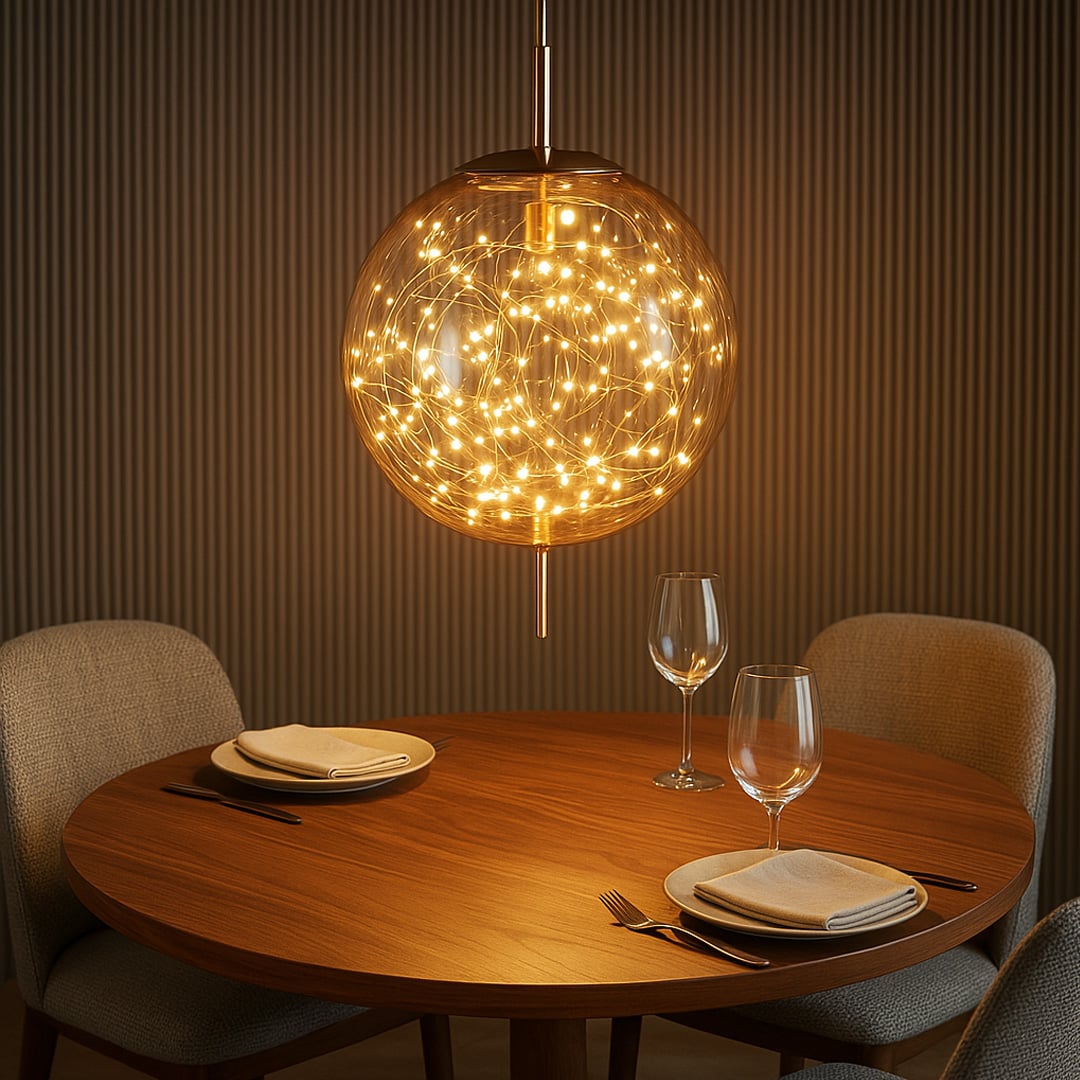 Amber glass globe pendant ceiling light glowing warmly above dining table creating a cozy and luxurious lifestyle interior.