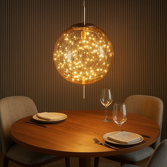 Amber glass globe pendant ceiling light glowing warmly above dining table creating a cozy and luxurious lifestyle interior.