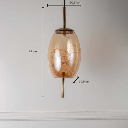 Amber glass and gold pendant ceiling light with height 49 cm and width 30.5 cm shown clearly on off white background.