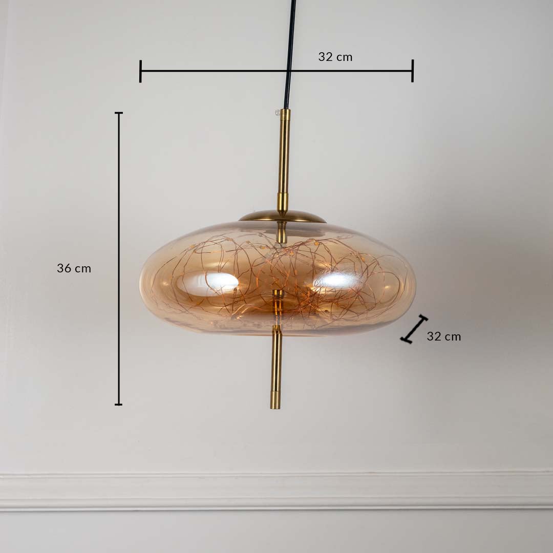 Dimension image of amber textured glass pendant light with wide silhouette showing 36 cm height and 32 cm width.