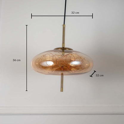 Dimension image of amber textured glass pendant light with wide silhouette showing 36 cm height and 32 cm width.