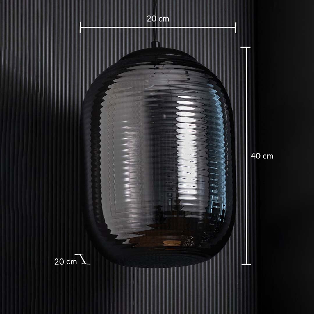 A ribbed smoked glass pendant light with clear dimensions measuring 40 cm height and 20 cm width and 20 cm depth for perfect placement guidance.