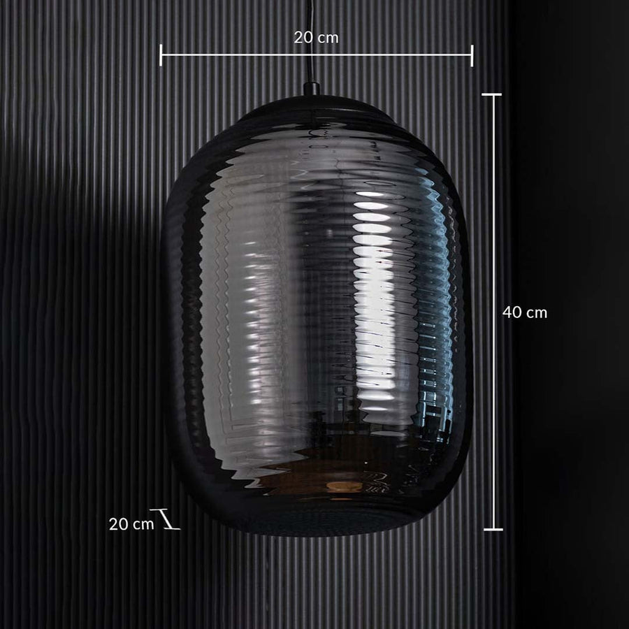 A ribbed smoked glass pendant light with clear dimensions measuring 40 cm height and 20 cm width and 20 cm depth for perfect placement guidance.