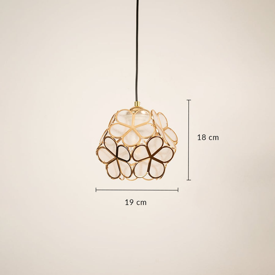 Designer gold floral pendant light showing 19 cm width and 18 cm height ideal for modern decorative interiors.