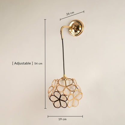 Gold wall light featuring a floral design with 54 cm height 26 cm depth and 19 cm width for accurate product sizing.