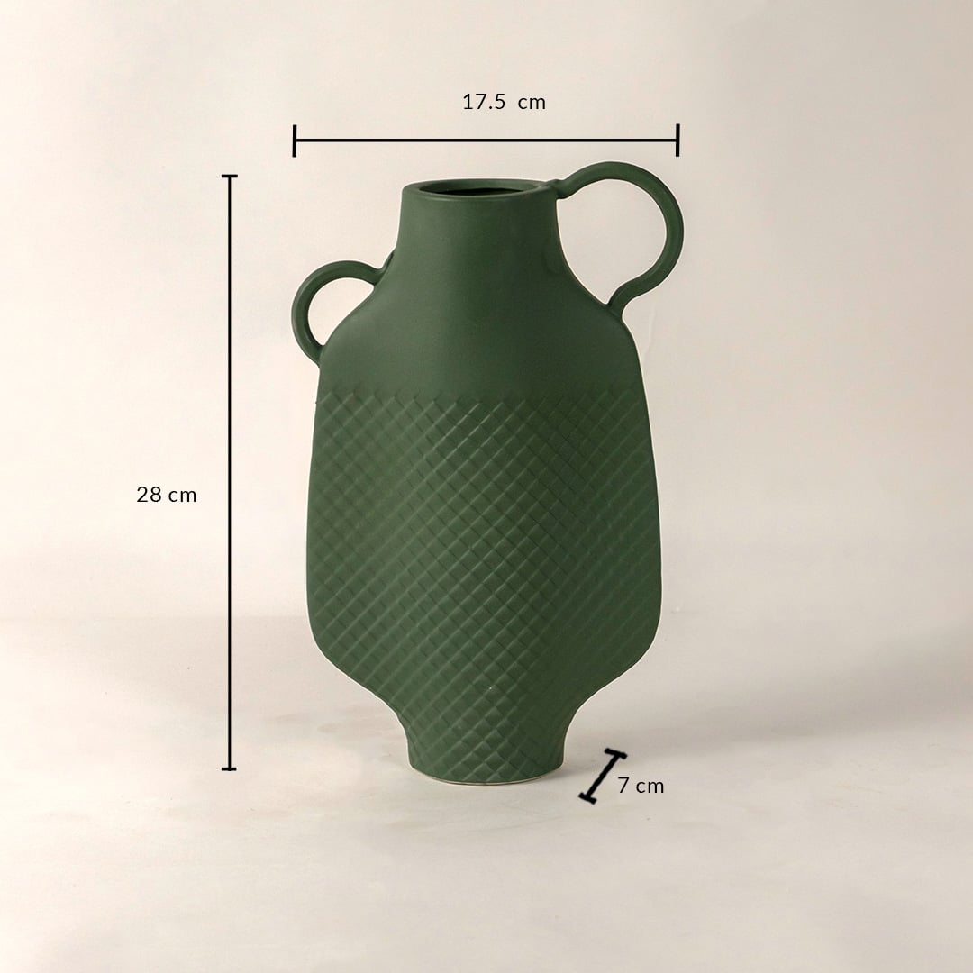 Haven green ceramic vase measuring 28 cm in height 17 cm in width and 7 cm in base diameter shown with precise labeled dimensions.