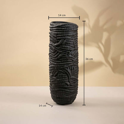Black textured ceramic vase on white background showing height 36 cm and width 14 cm ideal for console tables and corner styling.