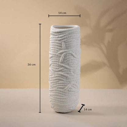 White textured ceramic vase on white background with visible height 36 cm and width 14 cm perfect for tabletops and console styling.