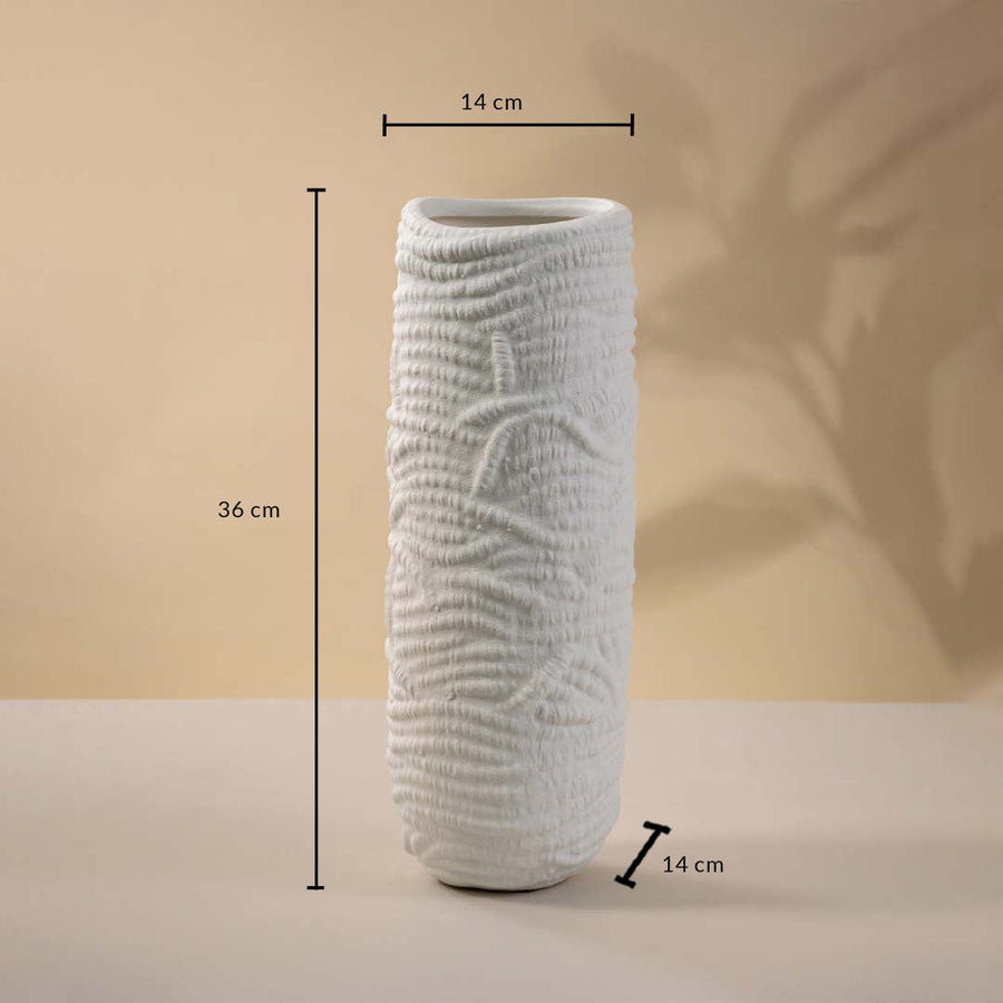White textured ceramic vase on white background with visible height 36 cm and width 14 cm perfect for tabletops and console styling.