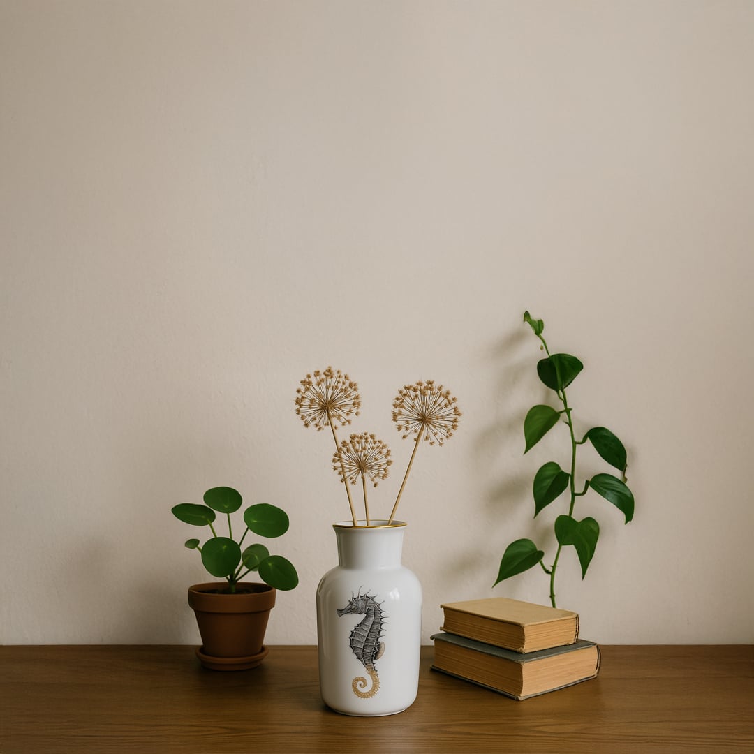 White ceramic jars with plant stems arranged on a wooden table offering a minimalist natural décor accent that brings calm elegance into interior spaces.