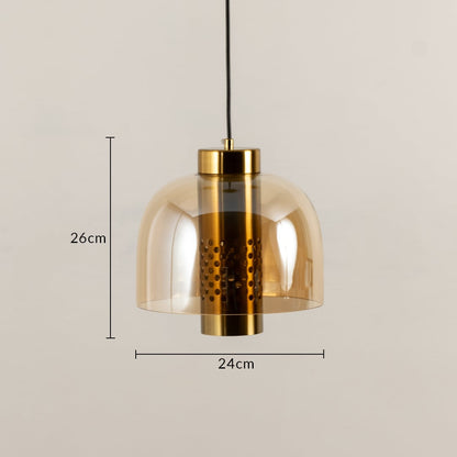 Modern amber glass pendant light with 26cm height and 24cm width for elegant dining room decor styling.