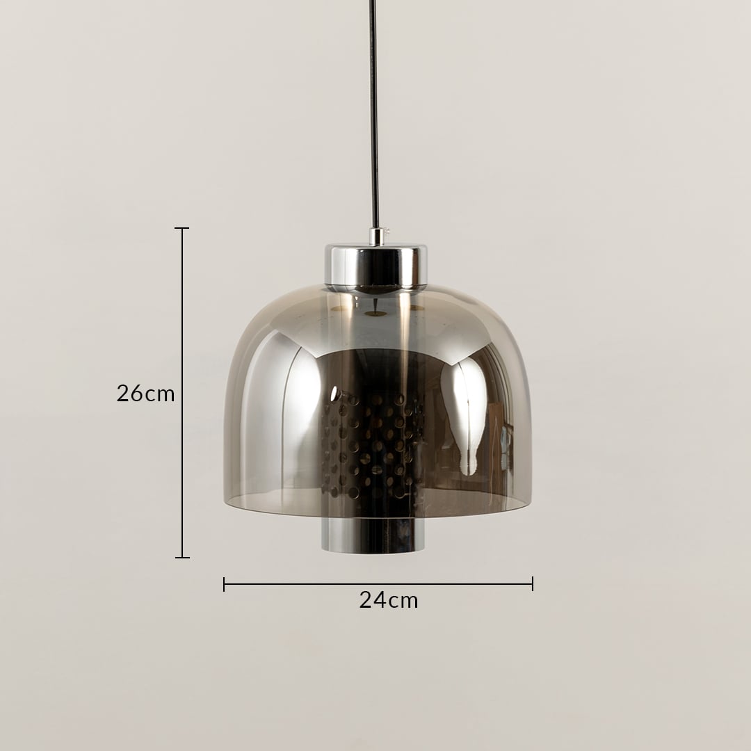 Smoky glass and chrome metal pendant light dimension image with 24 cm width and 26 cm height for dining room placement.