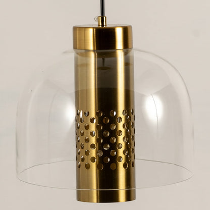 Closeup view of pendant light showing its transparent glass dome and detailed perforated metal cylinder highlighting refined craftsmanship for interior home decor lighting.