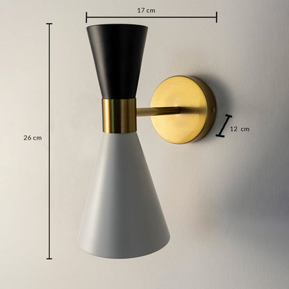 Two tone wall light 26 cm tall and 17 cm wide displayed with dimensions ideal for modern home or office decor.