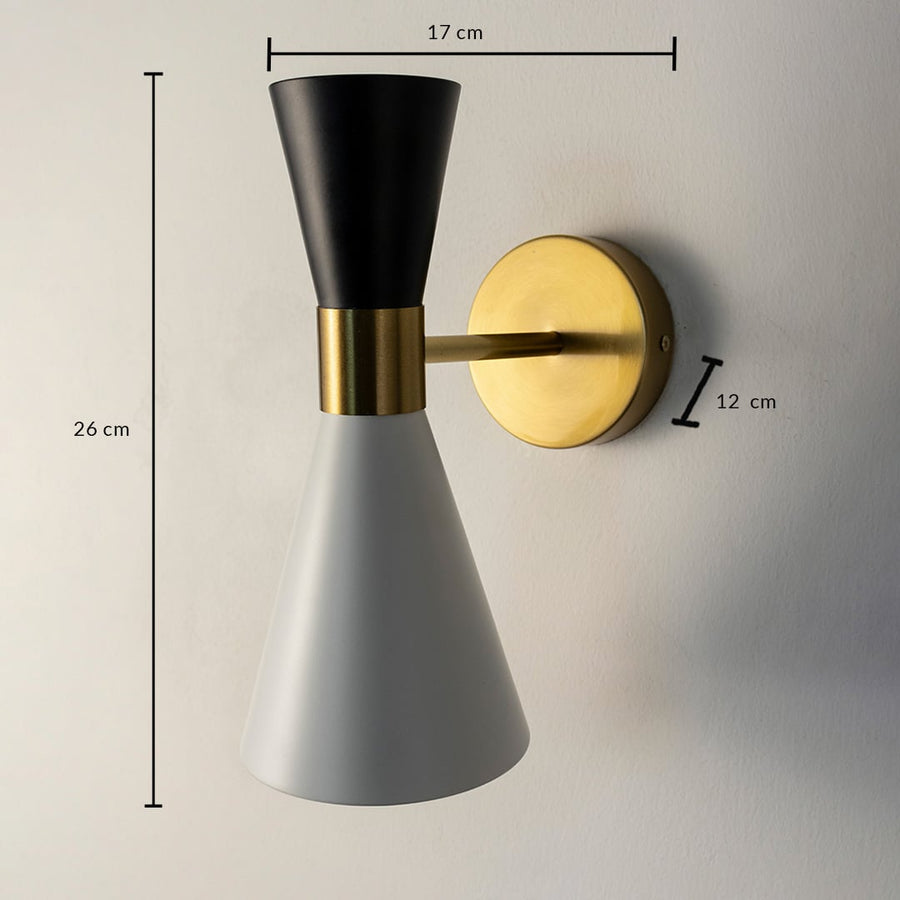 Two tone wall light 26 cm tall and 17 cm wide displayed with dimensions ideal for modern home or office decor.