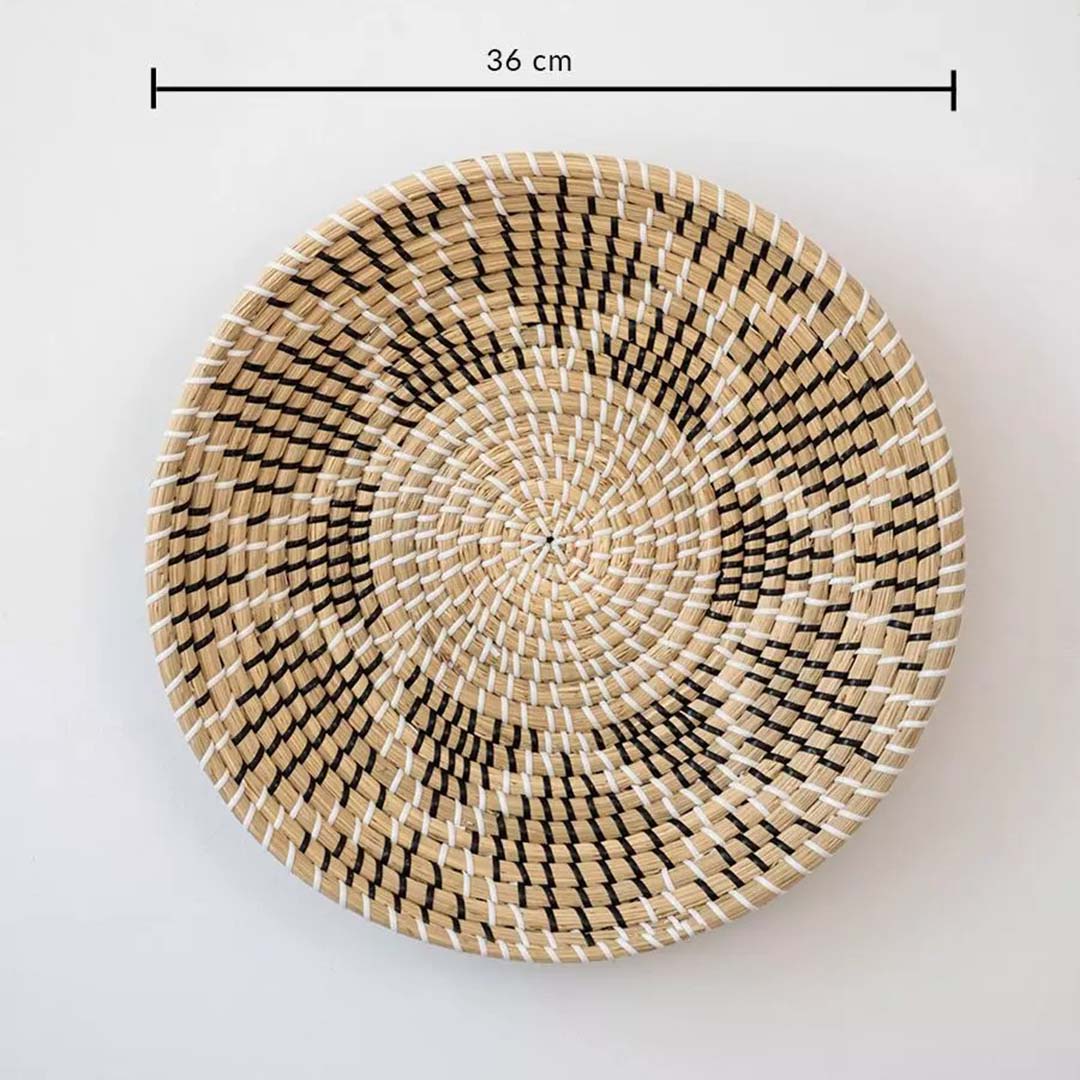 Handwoven wicker wall decor basket with black and beige star design showing 36 cm size for modern home decoration.
