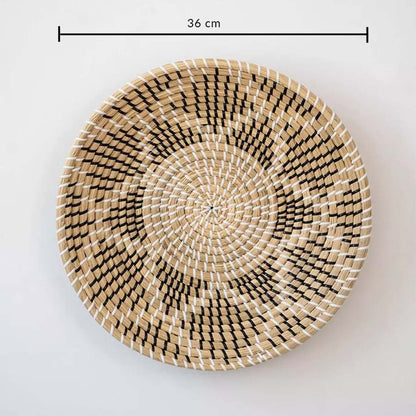 Handwoven wicker wall decor basket with black and beige star design showing 36 cm size for modern home decoration.