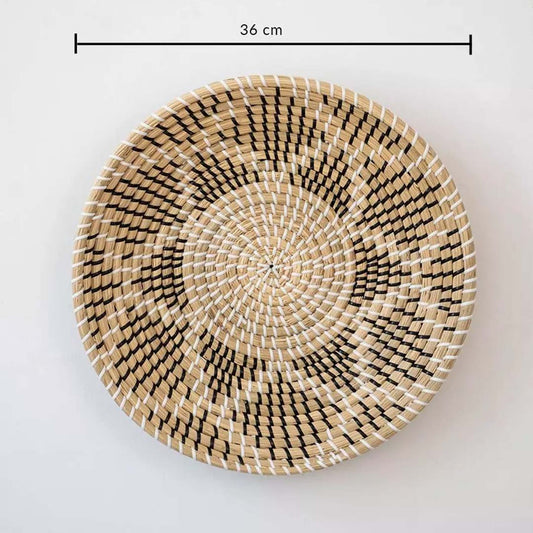 Handwoven wicker wall decor basket with black and beige star design showing 36 cm size for modern home decoration.