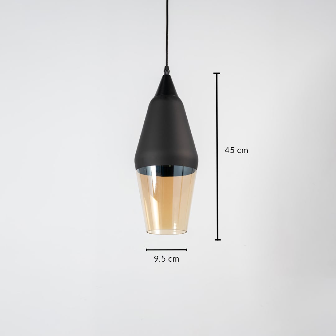 Black and amber glass pendant light measuring 9.5 cm width and 45 cm height crafted for stylish ceiling lighting decor.
