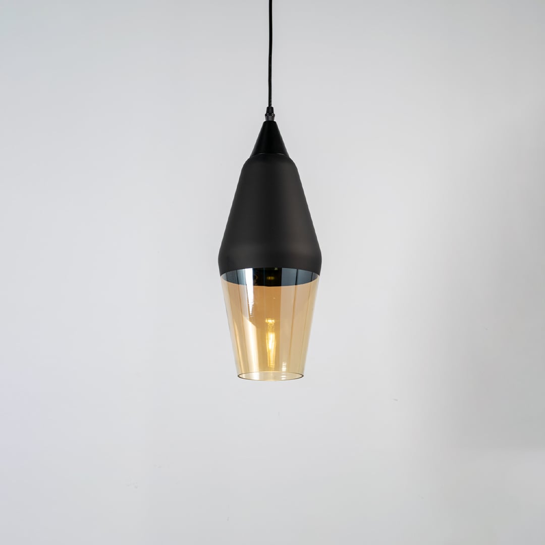 Black and amber glass pendant light with tapered metal shade and modern design for elegant ceiling lighting decor.