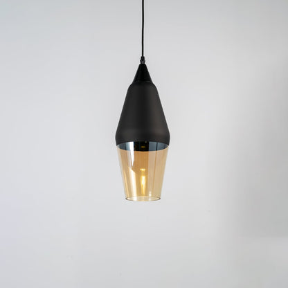 Black and amber glass pendant light with tapered metal shade and modern design for elegant ceiling lighting decor.