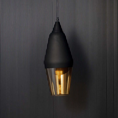 Glowing pendant lamp with matte black top and golden glass shade elegant modern ceiling light for luxury dining and bedroom spaces.