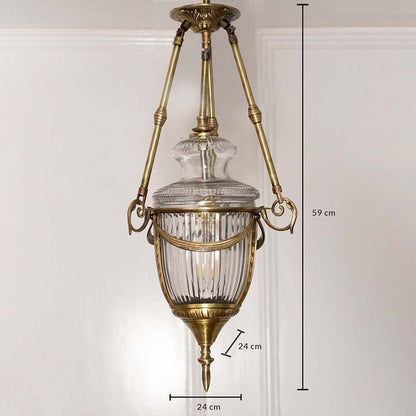 Dimension image of antique brass metal and ribbed glass pendant light showing 37 cm height and 24 cm width for entryways.