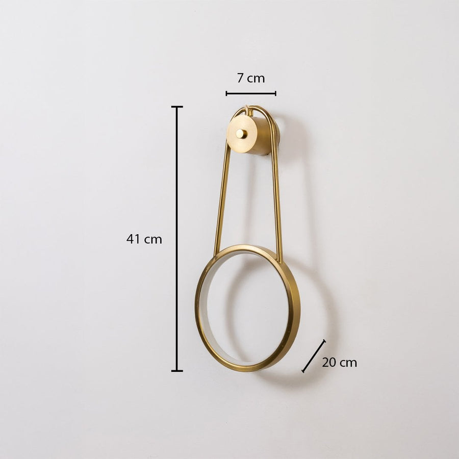 Gold ring wall light shown with 41 cm height 7 cm top width and 20 cm depth for accurate placement.