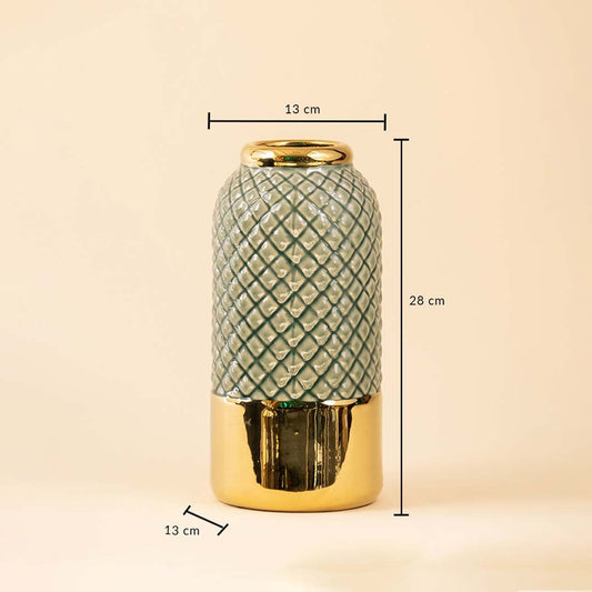 A tall grey vase with a textured pattern and gold bottom shown on a beige background with dimensions of 28 cm height 13 cm width and 13 cm base diameter clearly marked.
