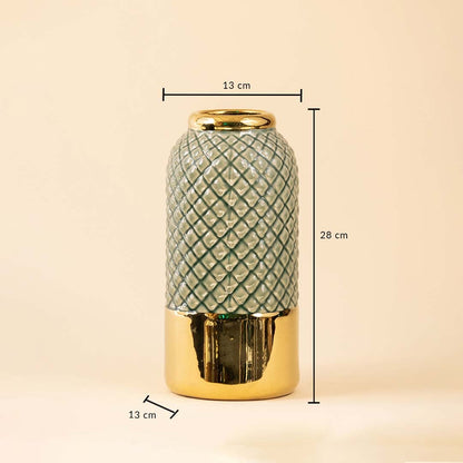A tall grey vase with a textured pattern and gold bottom shown on a beige background with dimensions of 28 cm height 13 cm width and 13 cm base diameter clearly marked.