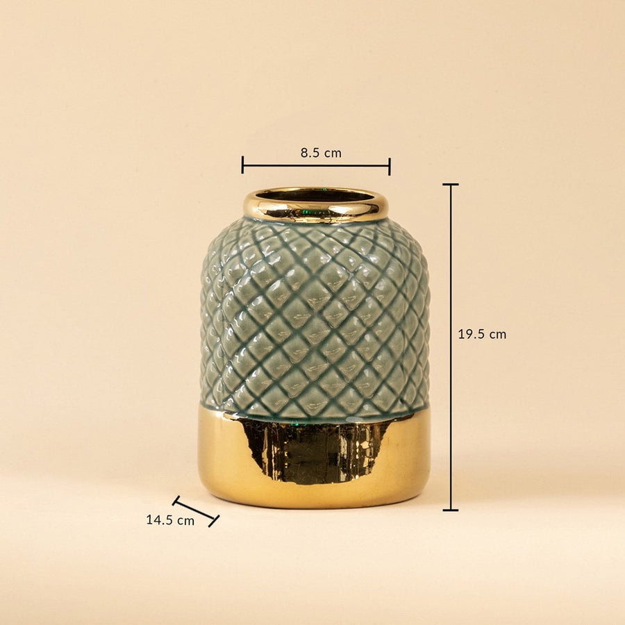 Gold and blue ceramic vase measuring 19 cm in height and 14 cm in diameter featuring a quilted texture and glossy metallic finish.