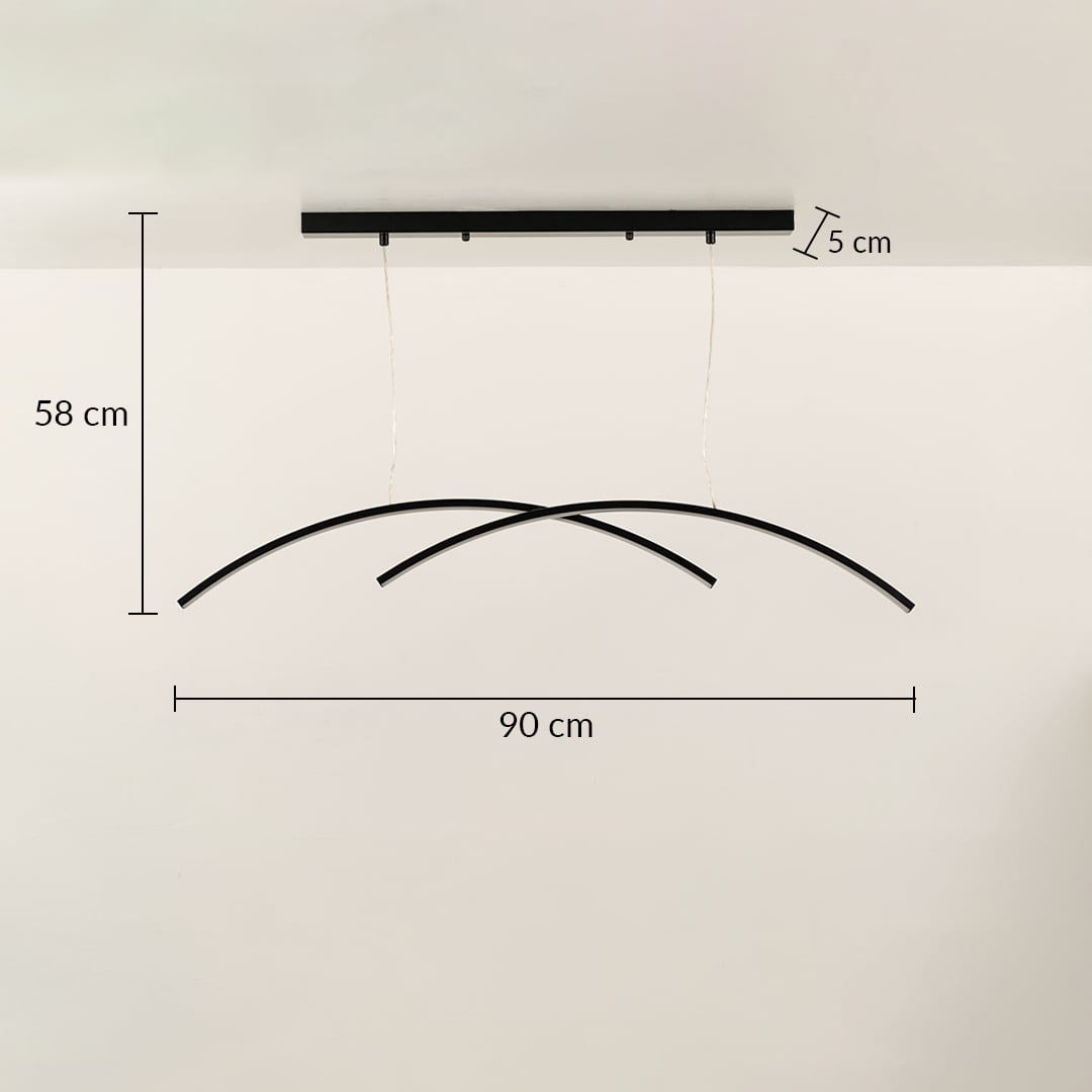 A sleek black curved ceiling light with intersecting arcs shown with 56 cm height and 90 cm width ideal for modern LED suspension lighting and stylish décor.